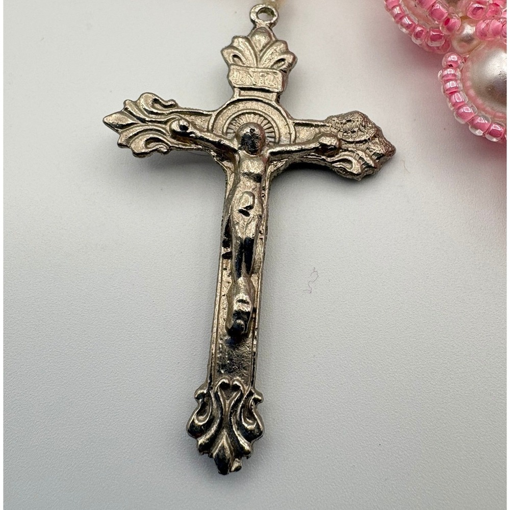 Handmade Pink Seed Bead Faux Pearl Rosary Silver Tone Crucifix Miraculous Medal - Picture 2 of 8